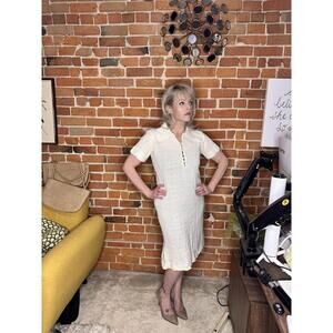 Vintage Cream Short-Sleeve Knit Dress Collar & Button Front